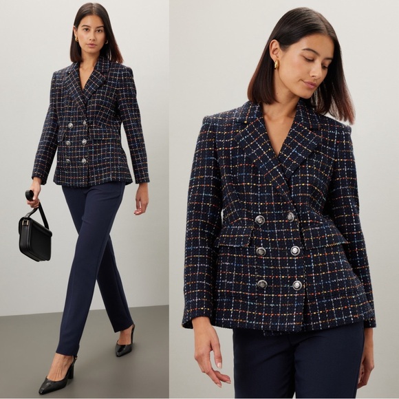 Veronica Beard Rumer Dickey Double Breasted Tweed Blazer Jacket Size 4 Navy